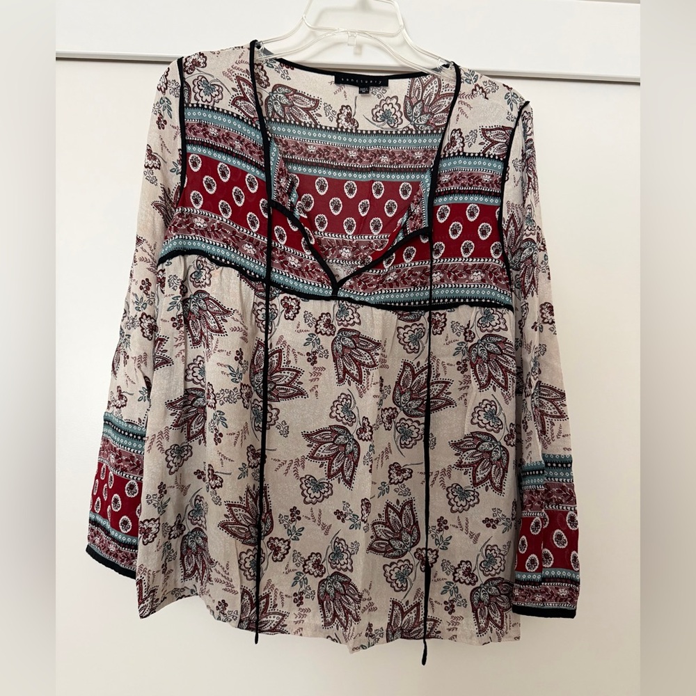 Sanctuary Boho Tie Neck Cream Blouse with Red Paisley Yoke Size M
